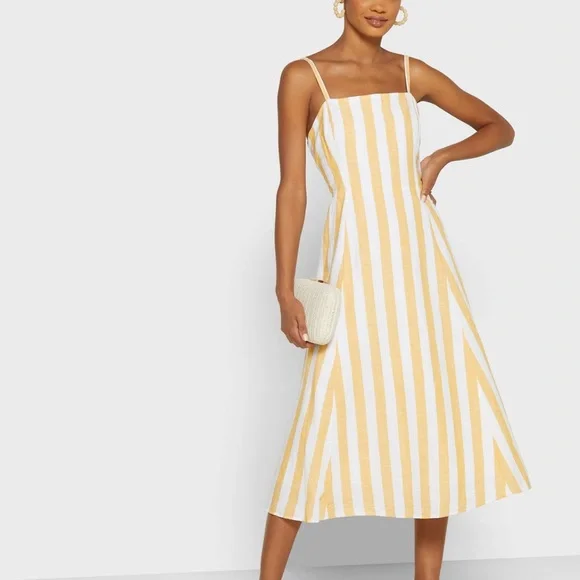 GAP | Dresses | Gap Squareneck Midi Dress Linen Butter Yellow And White  Stripe Nwt Size 6 | Poshmark